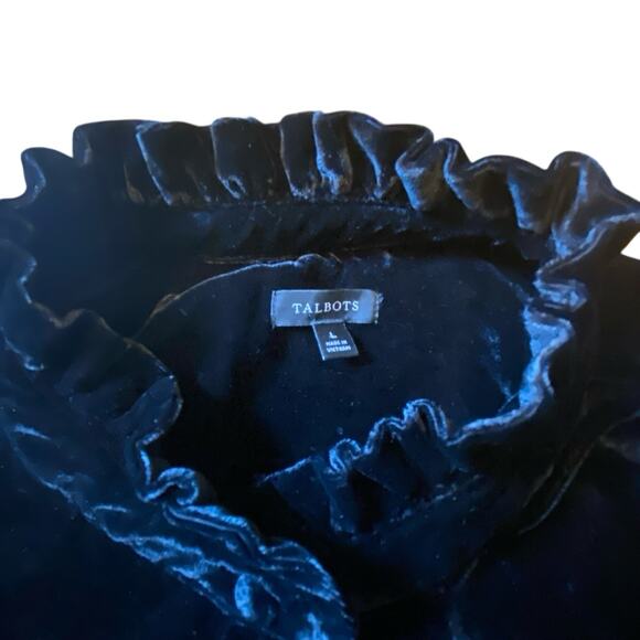 Talbots Black Velvet Long-Sleeve Blouse Ruffled Mandarin Collar Sz L Holiday - Picture 6 of 16
